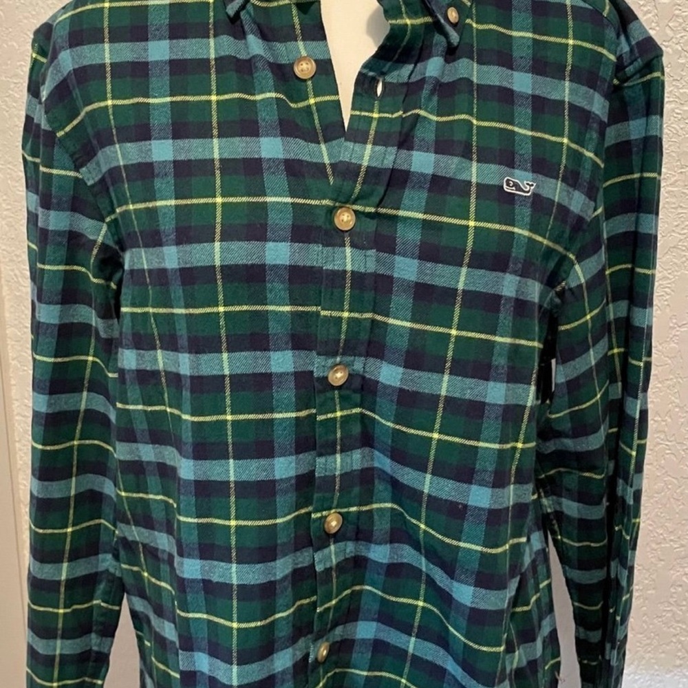 Vineyard Vines Navy and Teal Plaid Shirt